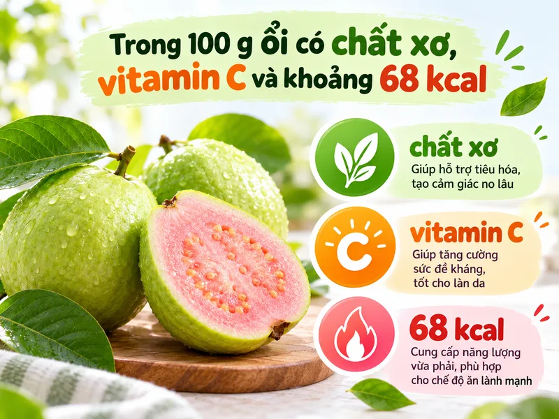 Trong 100 g ổi có chất xơ, vitamin C và khoảng 68 kcal