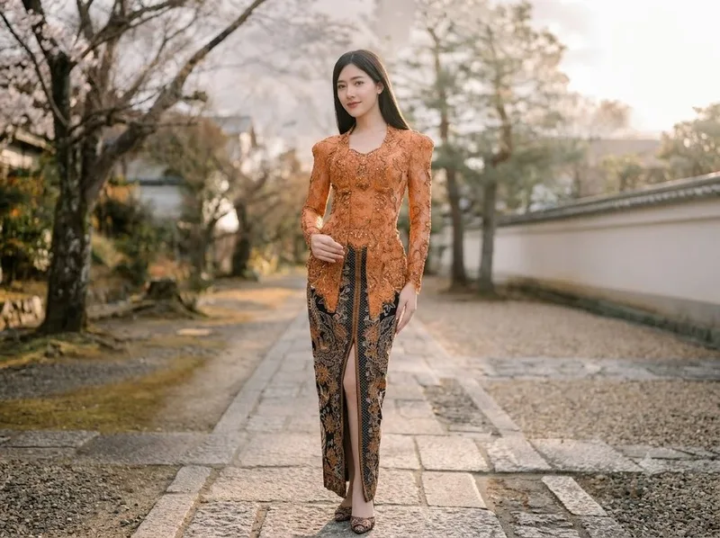 Kebaya thanh lịch với áo thêu tinh xảo phối cùng váy batik truyền thống